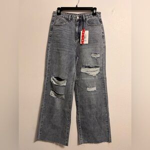 NWT Cider Wide Leg Distressed Raw Hem High Rise medium wash blue jeans Size M